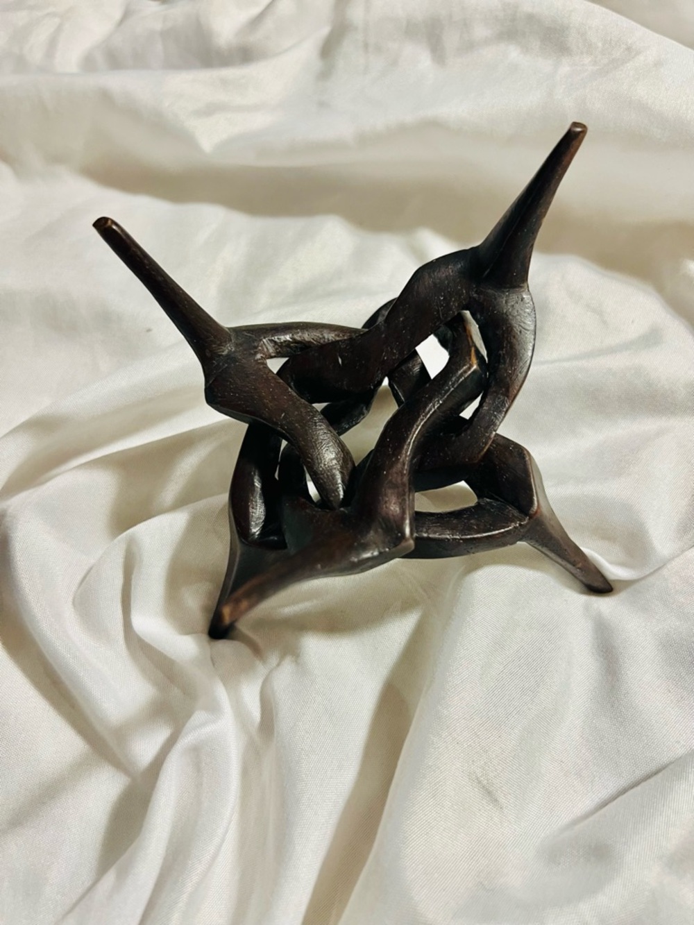 Handcarved Interlocking 3 Piece Wooden Sculpture / Stand - Dark Brown